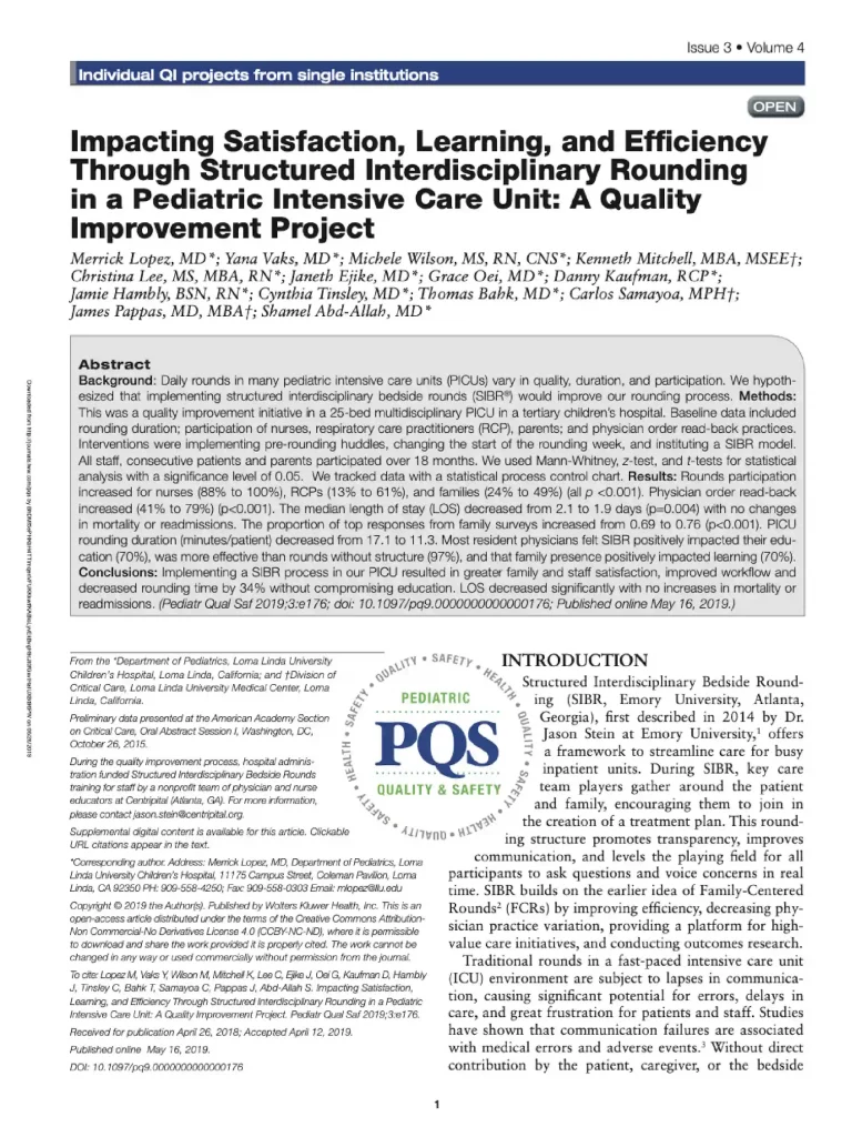 Pediatric Quality and Safety article image titled "Impacting satisfaction, learning, and efficiency through structured interdisciplinary rounding in a pediatric intensive care unit: a quality improvement project".