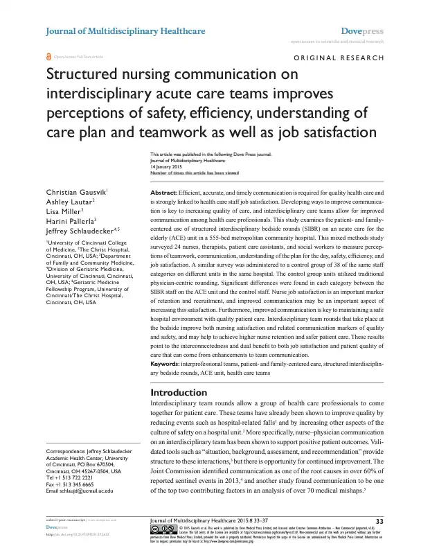 Structured nursing communication interdisciplinary acute care teams improves perceptions safety efficiency understanding care plan and teamwork as well as job satisfaction