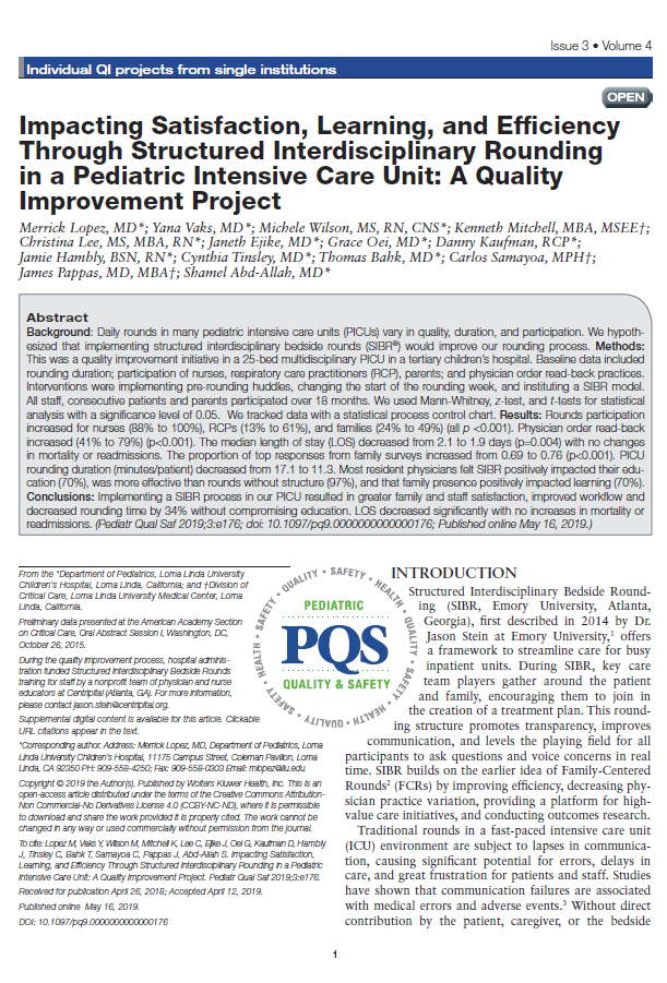 Impacting Satisfaction, Learning, and Efficiency Through Structured Interdisciplinary Rounding in a Pediatric Intensive Care Unit: A Quality Improvement Project